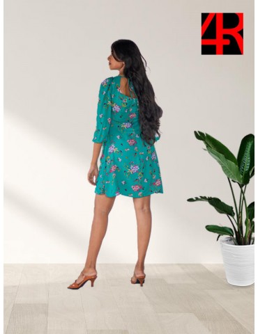 Green color square neck floral knee length dress 